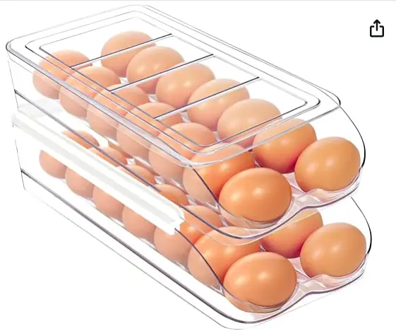 Egg Holder for Fridge, Automatic Rolling Egg Organizer for Refrigerator, Clear Plastic Egg Container & Tray, Stackable Dispenser and Storage Bin with Sturdy Lid to Saving Space -2 Layer
