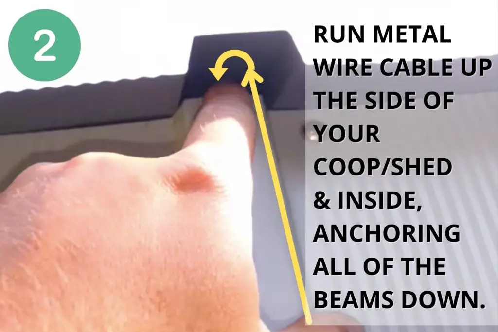 Run metal cable up the side of your coop and inside, anchoring all of the beams down.