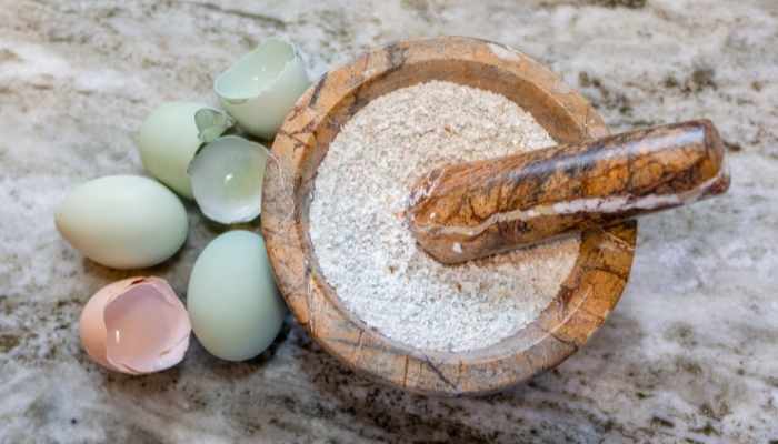 CRUSHING EGGSHELLS WITH A MORTAL AND PESTAL.  HOW TO PREPARE EGGSHELLS FOR GARDEN.