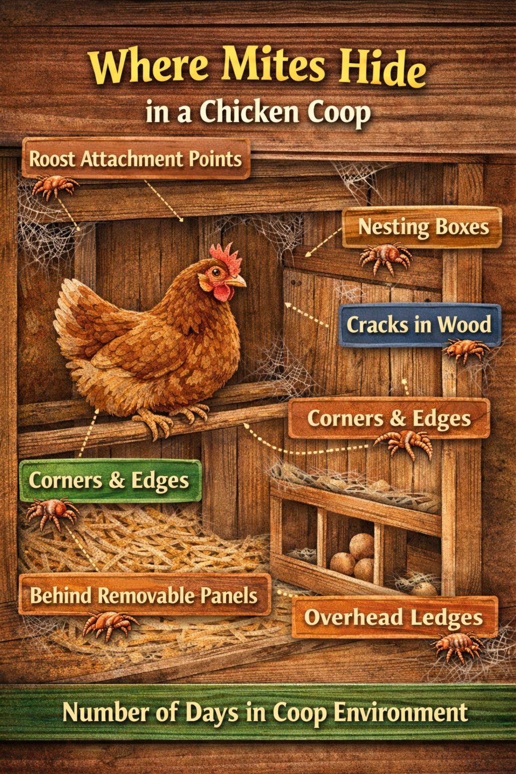 Where chicken mites hide in winter. Chicken mite lifecycle